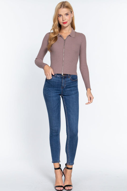 Notched Collar Zippered Sweater | Mixtshop LLC