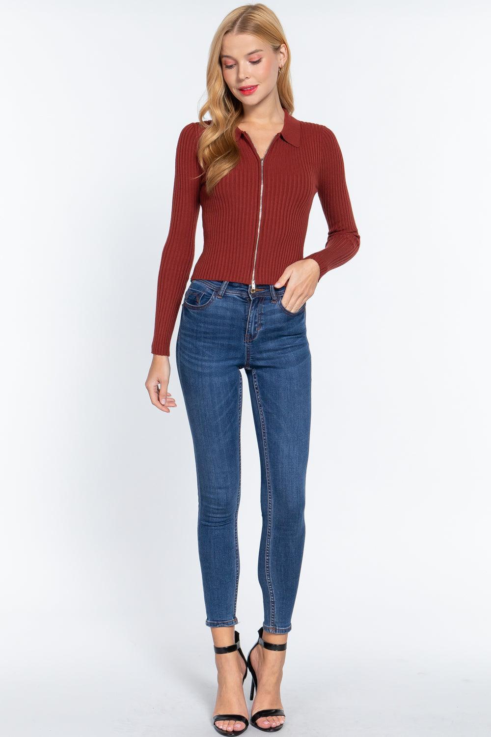 Notched Collar Zippered Sweater | Mixtshop LLC