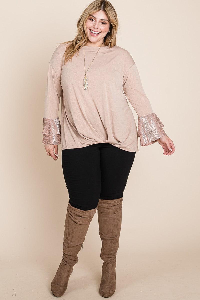 Plus Size Two Tier Velvet Animal Mesh Sleeves Solid Knit Top Secondary image