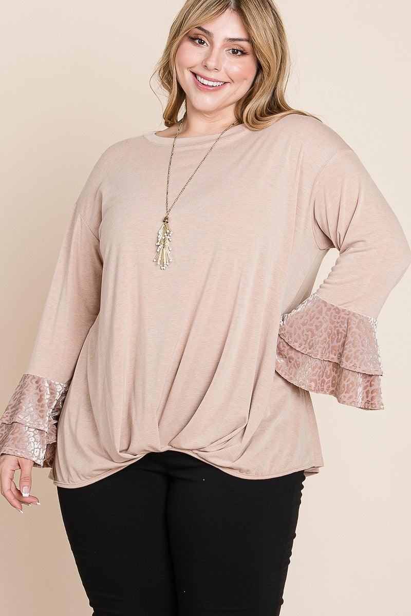 Plus Size Two Tier Velvet Animal Mesh Sleeves Solid Knit Top | Mixtshop LLC