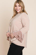 Plus Size Two Tier Velvet Animal Mesh Sleeves Solid Knit Top | Mixtshop LLC