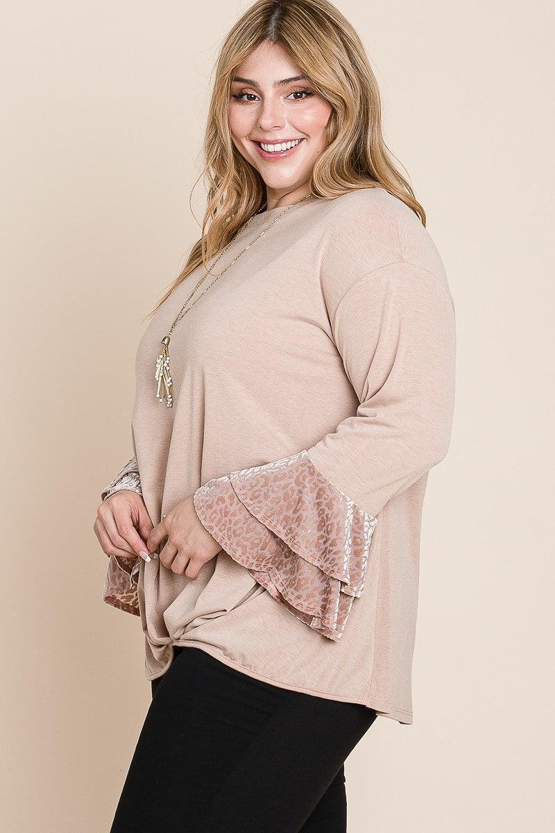 Plus Size Two Tier Velvet Animal Mesh Sleeves Solid Knit Top | Mixtshop LLC
