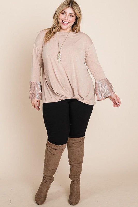 Plus Size Two Tier Velvet Animal Mesh Sleeves Solid Knit Top | Mixtshop LLC