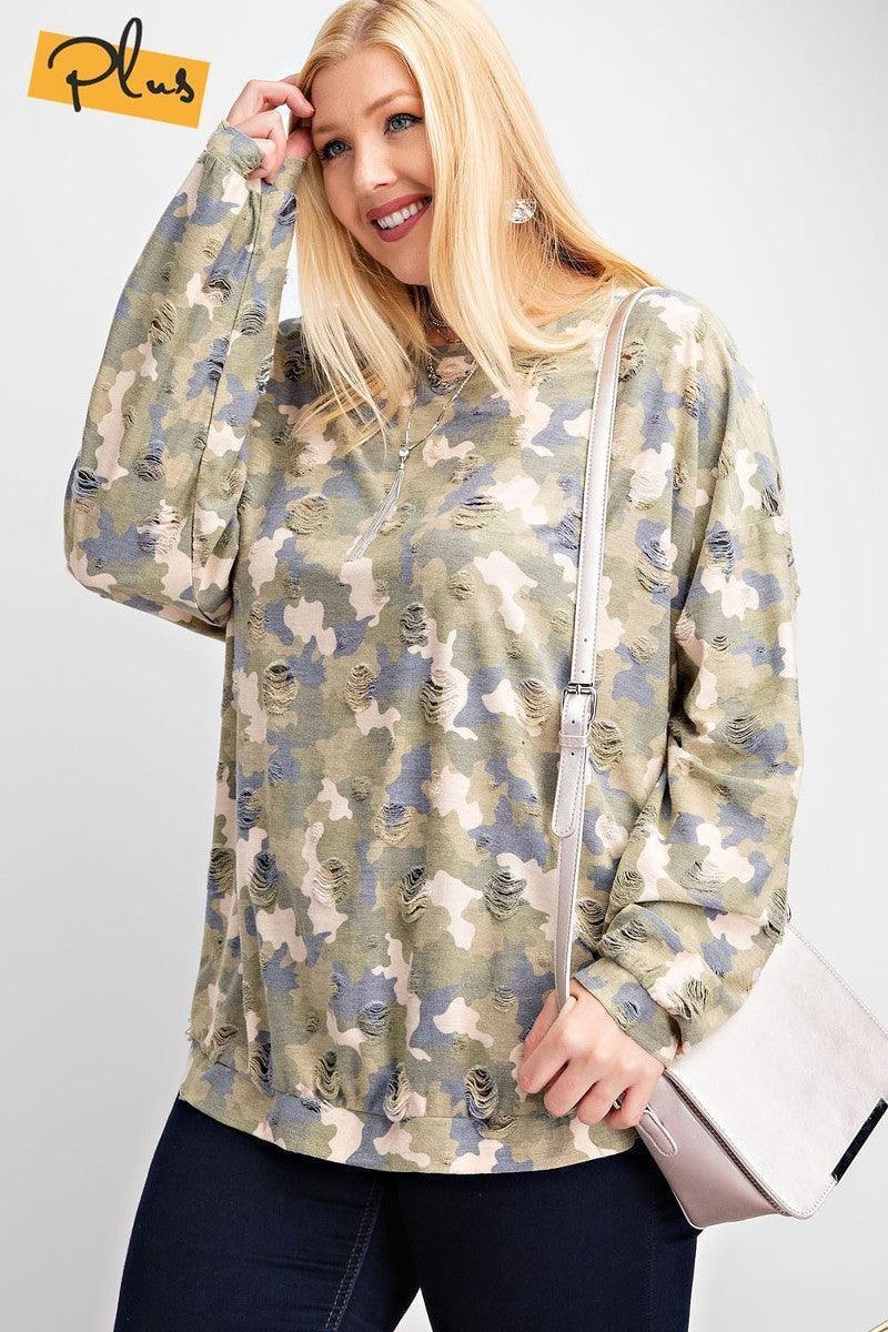 Plus Size Long Sleeve Distressed Printed Rayon Pullover Top | Mixtshop LLC Main image