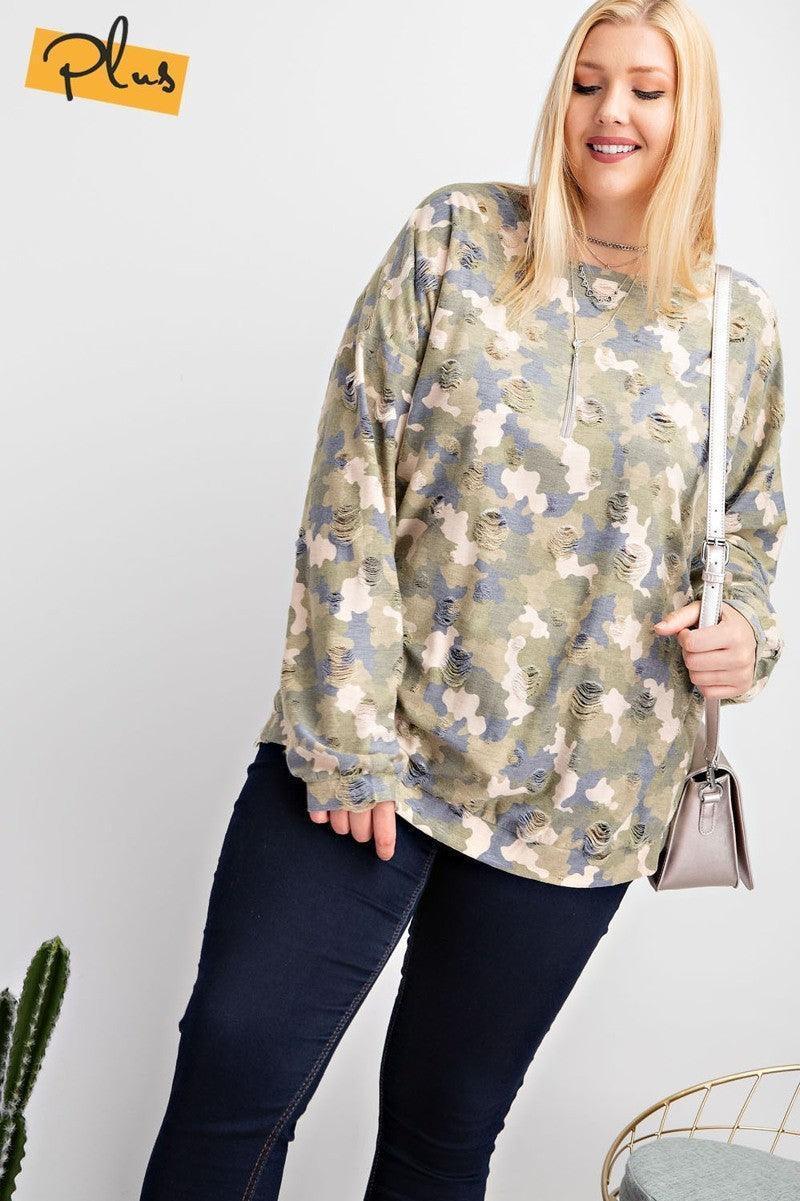 Plus Size Long Sleeve Distressed Printed Rayon Pullover Top Secondary image