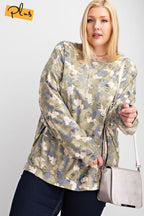 Plus Size Long Sleeve Distressed Printed Rayon Pullover Top | Mixtshop LLC