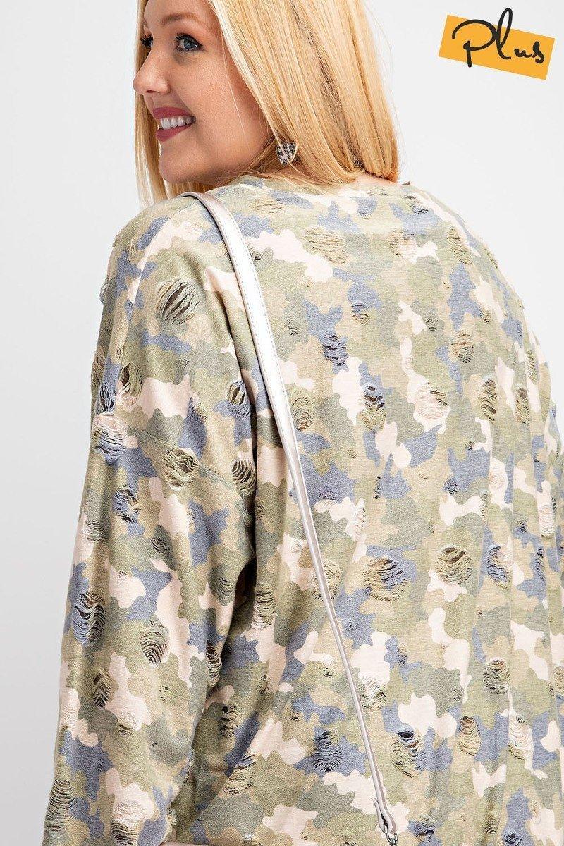 Plus Size Long Sleeve Distressed Printed Rayon Pullover Top | Mixtshop LLC