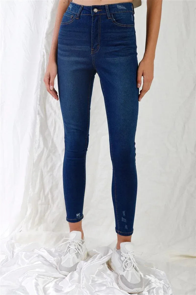 Dark Blue High-waisted With Rips Skinny Denim Jeans | Mixtshop LLC Main image