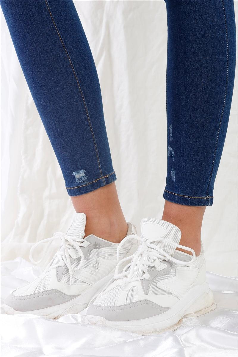 Dark Blue High-waisted With Rips Skinny Denim Jeans | Mixtshop LLC