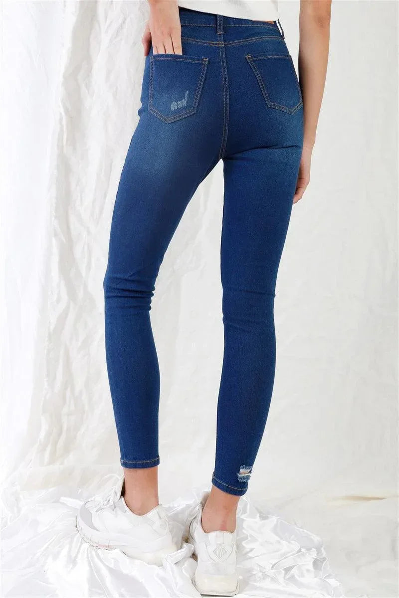 Dark Blue High-waisted With Rips Skinny Denim Jeans | Mixtshop LLC