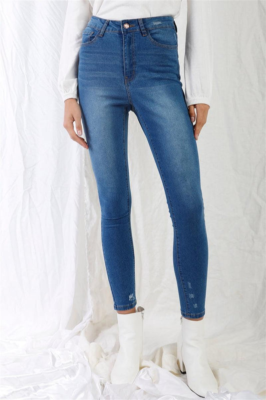Mid Blue High-waisted With Rips Skinny Denim Jeans | Mixtshop LLC