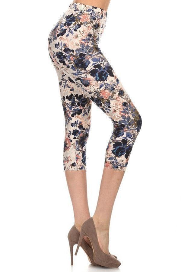 Multi-color Print, Cropped Capri Leggings In A Fitted Style With A Banded High Waist | Mixtshop LLC Main image