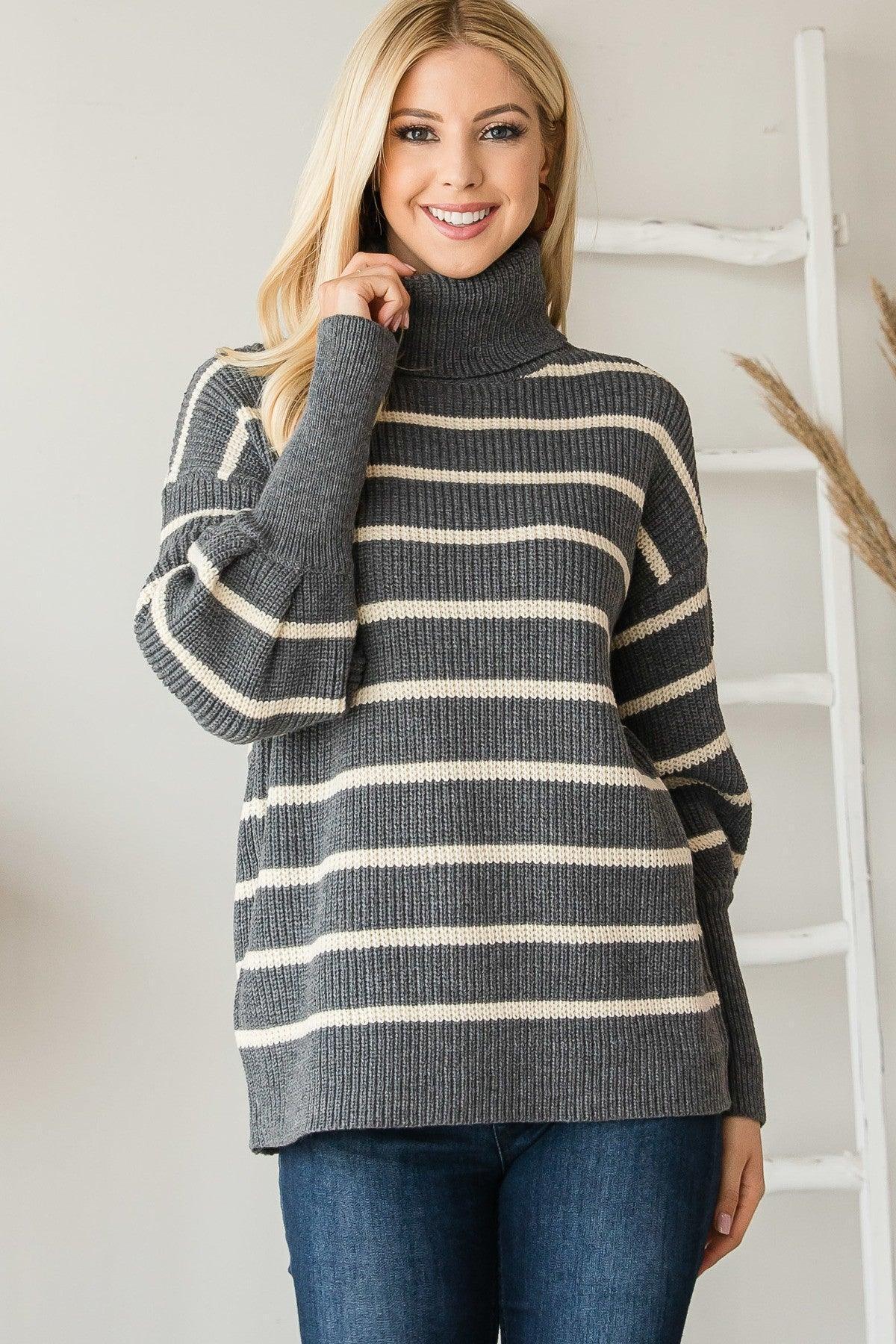 Heavy Knit Striped Turtle Neck Knit Sweater | Mixtshop LLC Main image