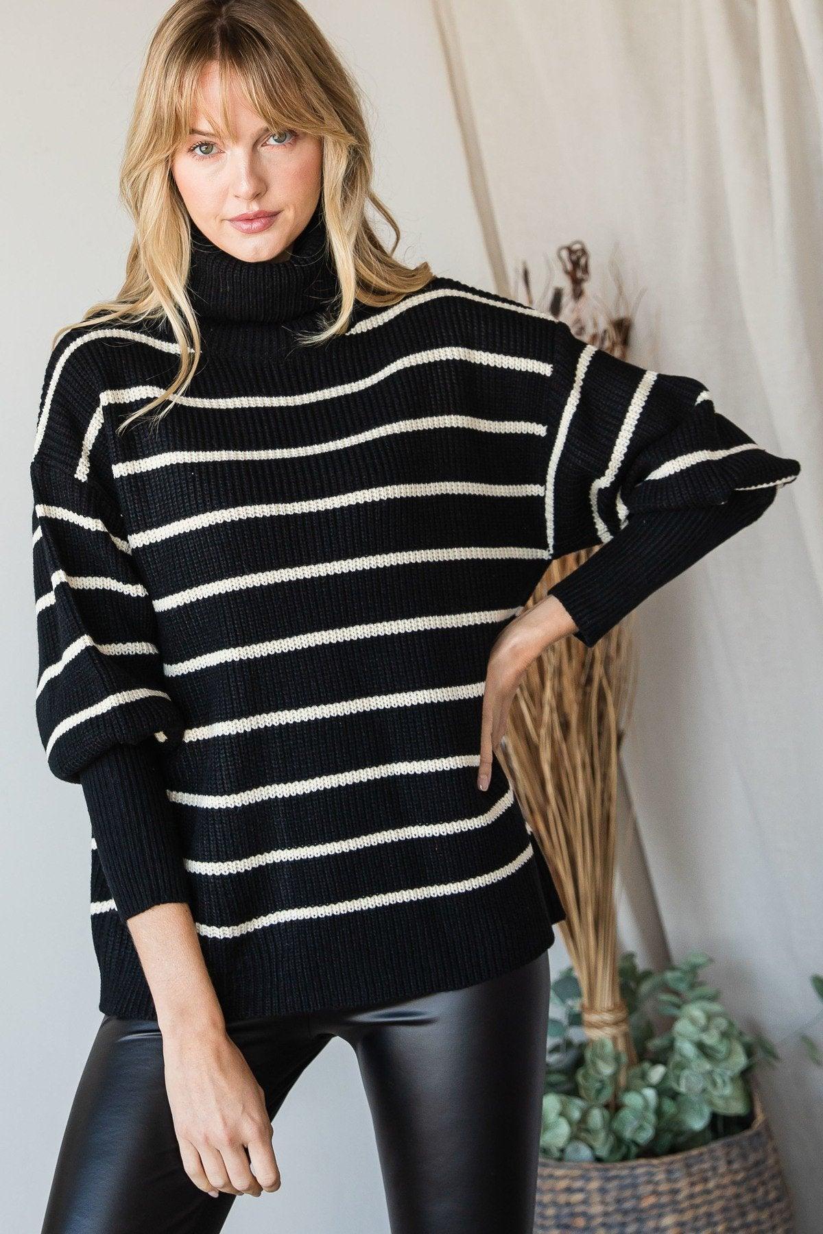 Heavy Knit Striped Turtle Neck Knit Sweater | Mixtshop LLC Main image