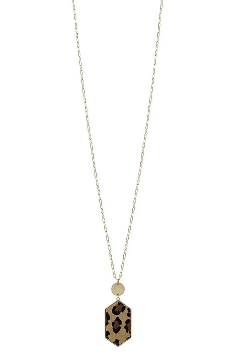 Metal Chain Hexagon Leopard Pendant Long Necklace | Mixtshop LLC Main image