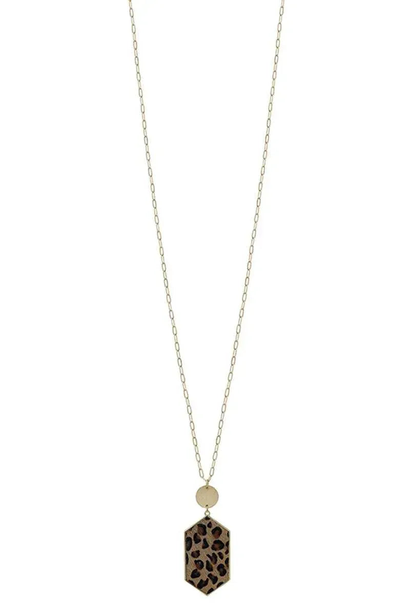Metal Chain Hexagon Leopard Pendant Long Necklace | Mixtshop LLC