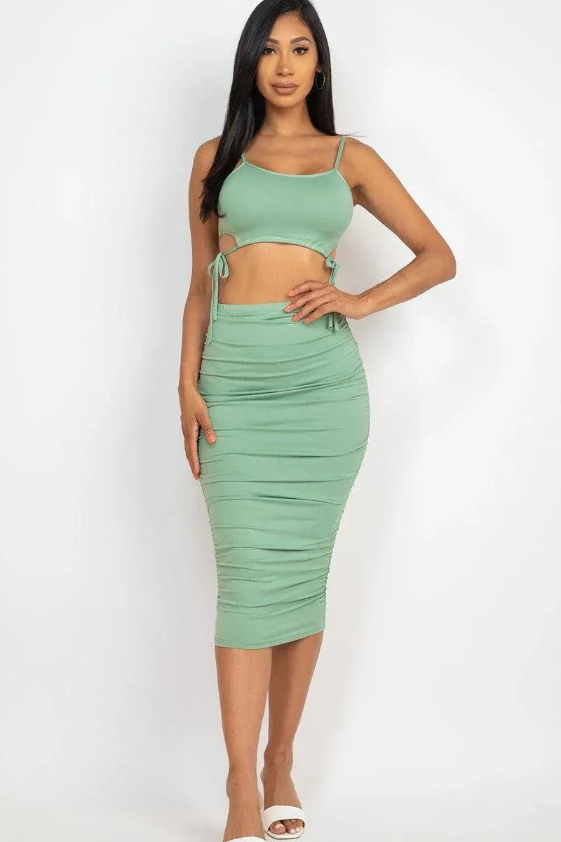 Cut-out Tie Side Crop Top & Ruched Midi Skirt Set | Mixtshop LLC Main image
