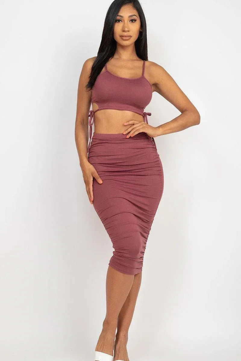 Cut-out Tie Side Crop Top & Ruched Midi Skirt Set | Mixtshop LLC Main image