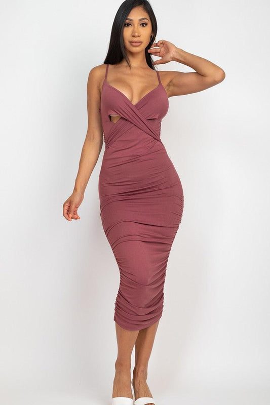 Cross Wrap Ruched Midi Dress | Mixtshop LLC