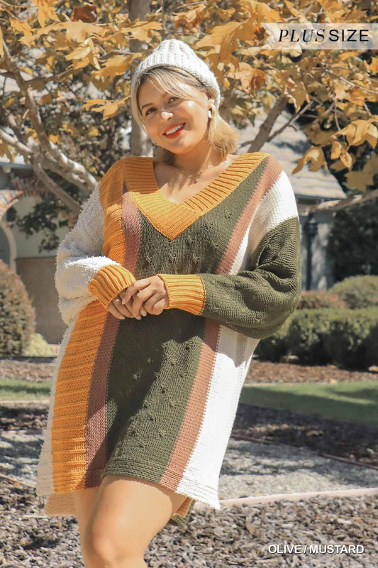Oversized Multicolor Bouclé V-neck Pullover Sweater Dress With Side Slit | Mixtshop LLC