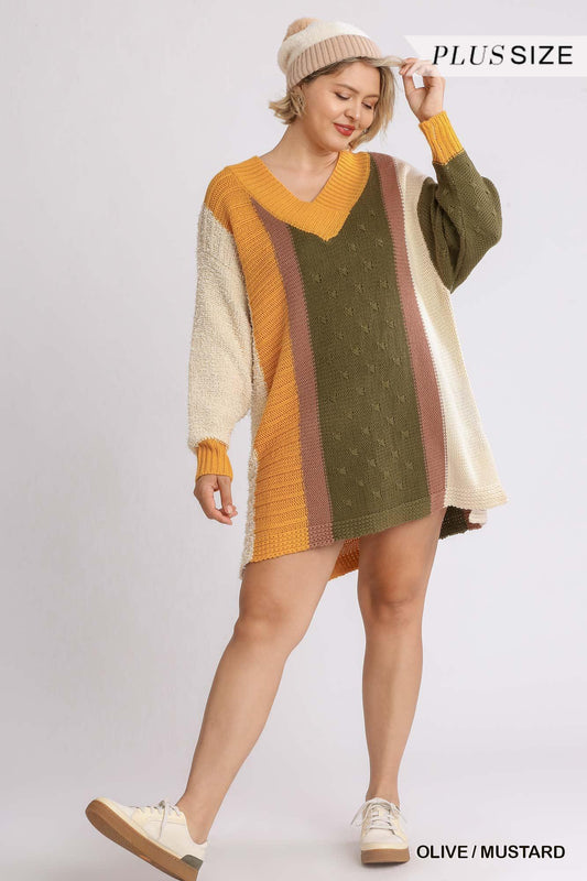Oversized Multicolor Bouclé V-neck Pullover Sweater Dress With Side Slit | Mixtshop LLC