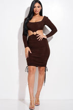 Solid Long Sleeve Ruched Short Dress With O Ring | Mixtshop LLC