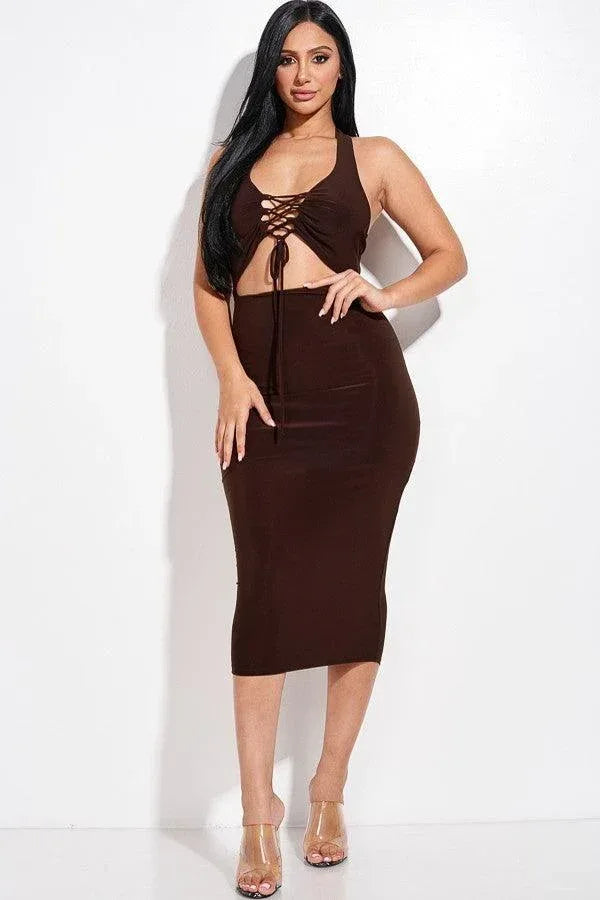 Solid Halter Neck Midi Dress With Criss Cross Front And Cutout | Mixtshop LLC Main image