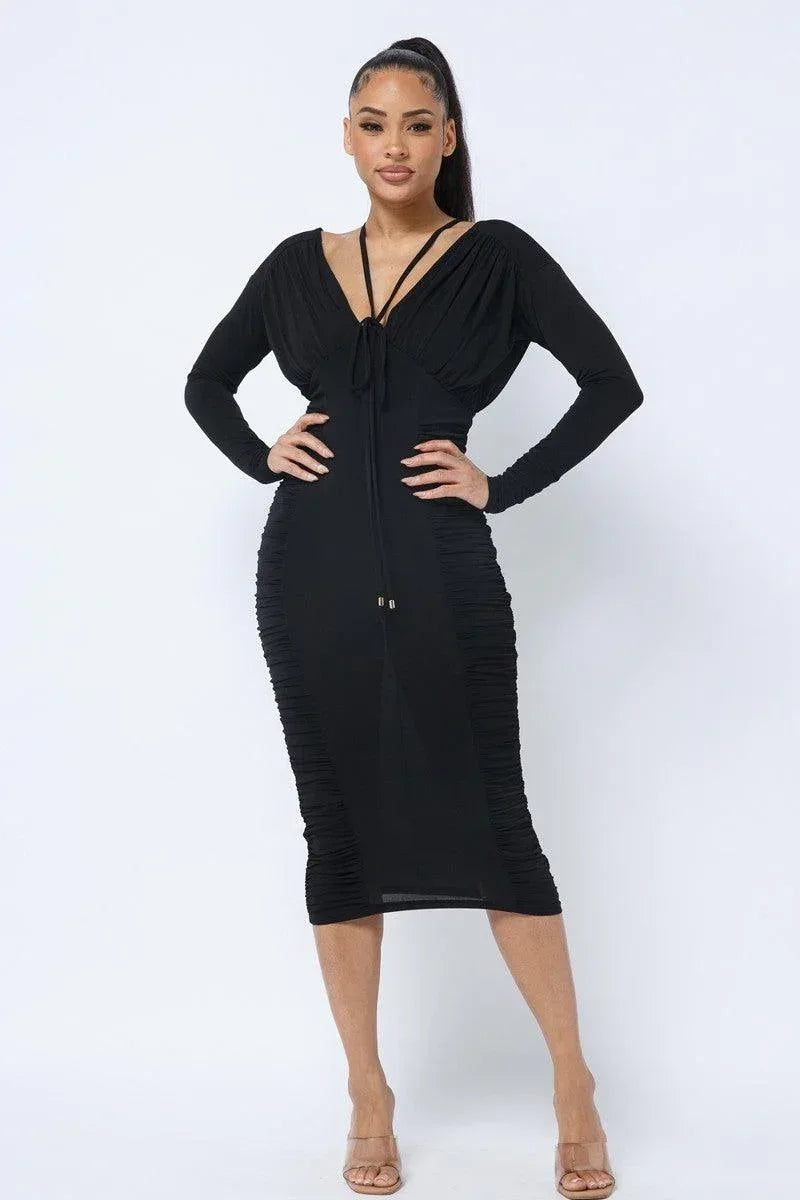 Long Sleeve Midi Dress With Low V Neck Front And Back With Ruching On Sides And Chest | Mixtshop LLC Main image