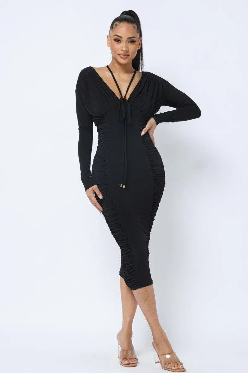 Long Sleeve Midi Dress With Low V Neck Front And Back With Ruching On Sides And Chest Secondary image