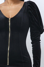 Soft Velvet Pleated Puff Sleeve Low V Neck Front And Back Mini Dress | Mixtshop LLC
