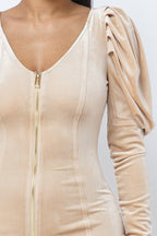 Soft Velvet Pleated Puff Sleeve Low V Neck Front And Back Mini Dress | Mixtshop LLC