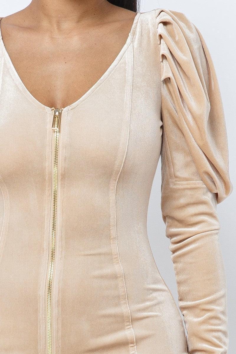 Soft Velvet Pleated Puff Sleeve Low V Neck Front And Back Mini Dress | Mixtshop LLC