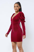 Soft Velvet Pleated Puff Sleeve Low V Neck Front And Back Mini Dress | Mixtshop LLC