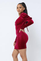 Soft Velvet Pleated Puff Sleeve Low V Neck Front And Back Mini Dress | Mixtshop LLC