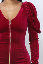 Soft Velvet Pleated Puff Sleeve Low V Neck Front And Back Mini Dress | Mixtshop LLC