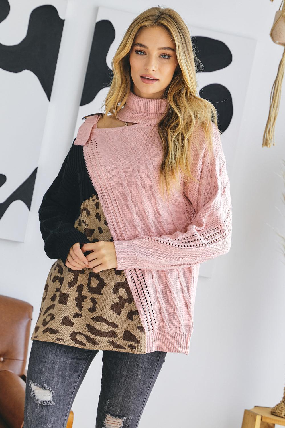Turtle Neck Color Block Cutout Sweater Secondary image