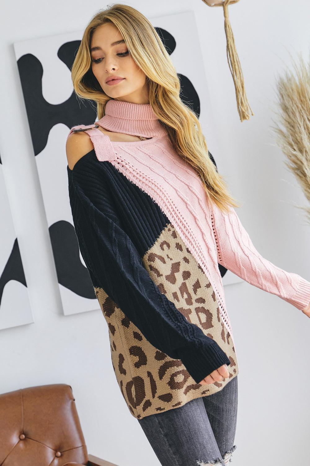 Turtle Neck Color Block Cutout Sweater | Mixtshop LLC