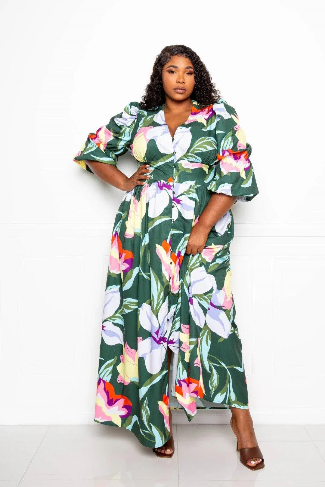 Puff Sleeve Button Front Dress | Mixtshop LLC Main image