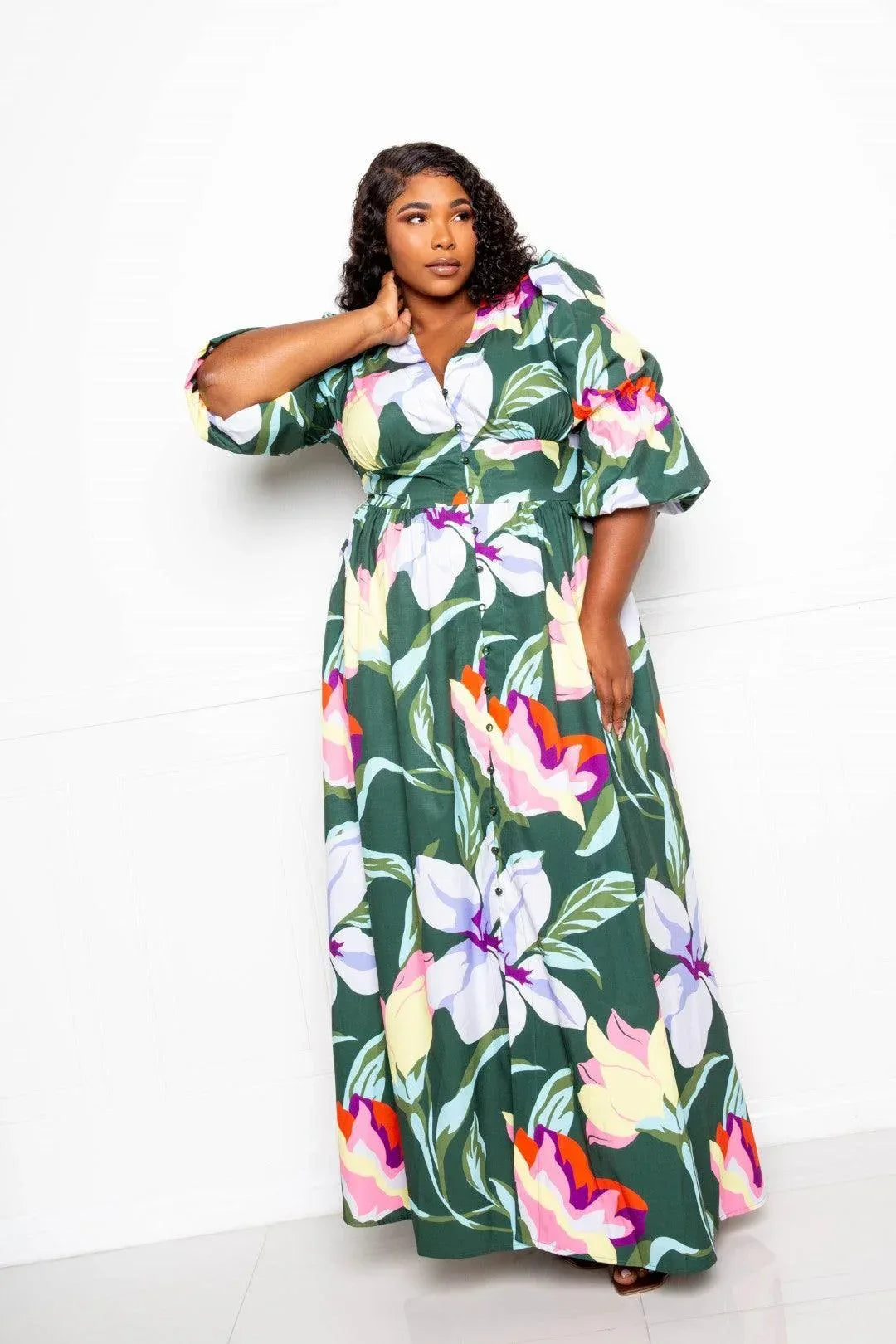 Puff Sleeve Button Front Dress Secondary image