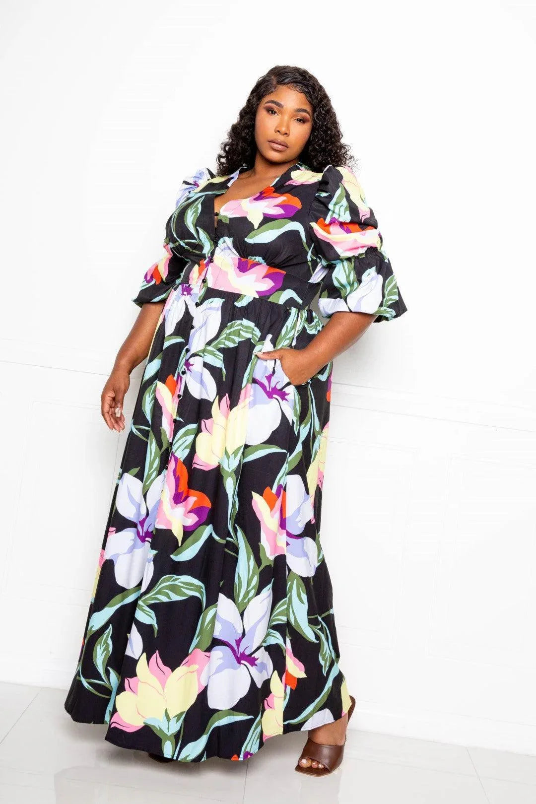 Puff Sleeve Button Front Dress | Mixtshop LLC Main image