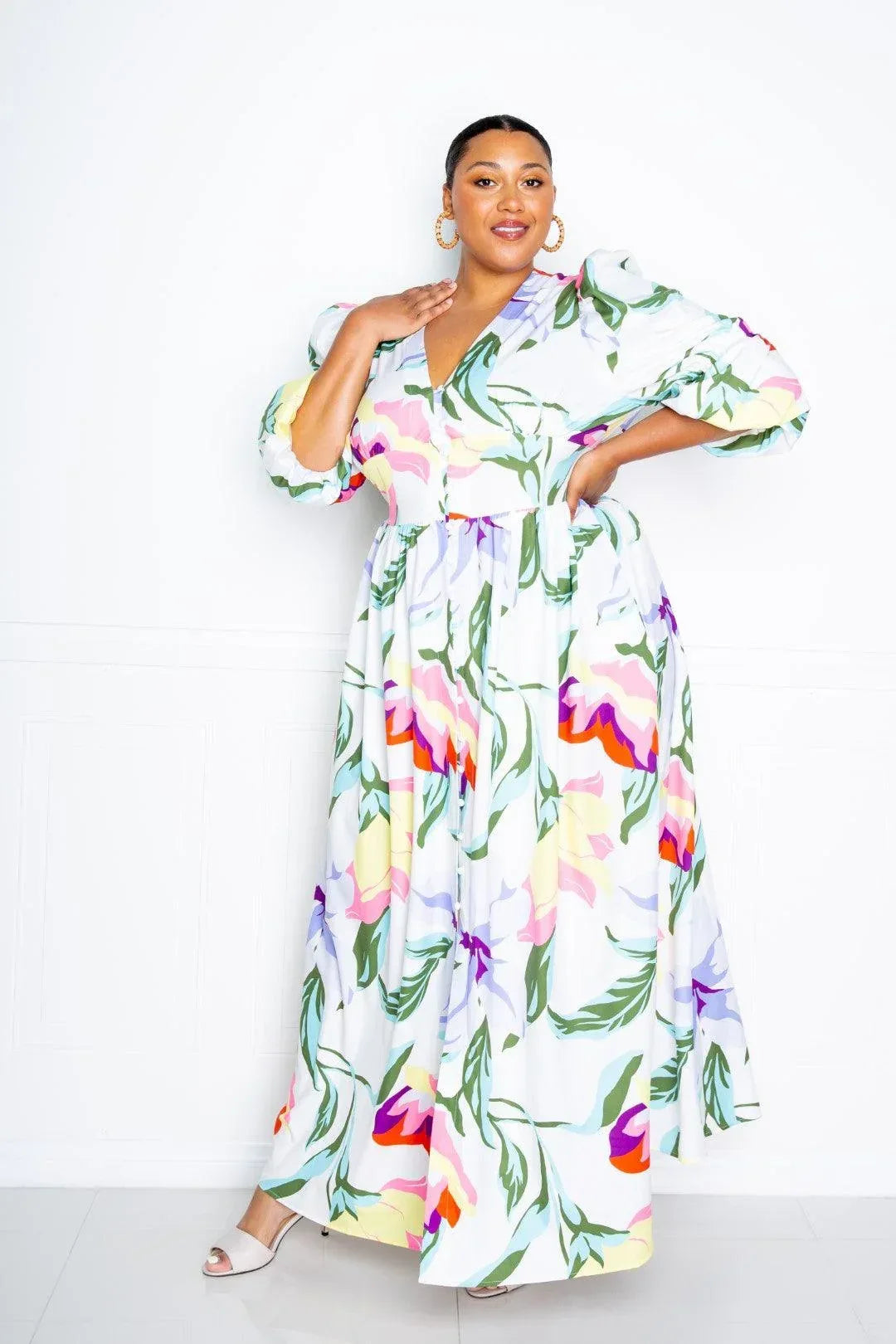 Puff Sleeve Button Front Dress Secondary image