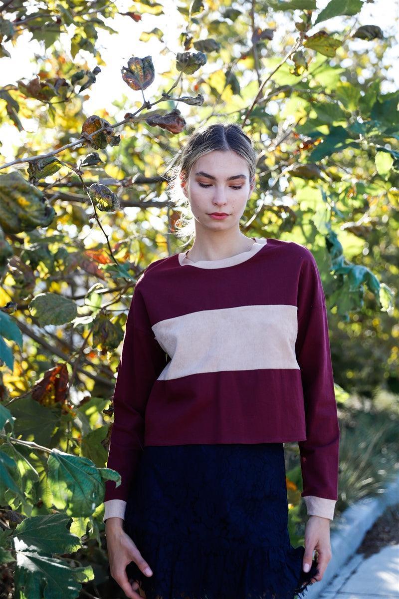 Burgundy Colorblock Long Sleeve Crop Top | Mixtshop LLC Main image
