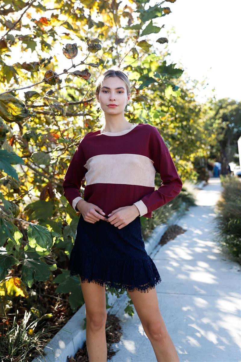 Burgundy Colorblock Long Sleeve Crop Top Secondary image