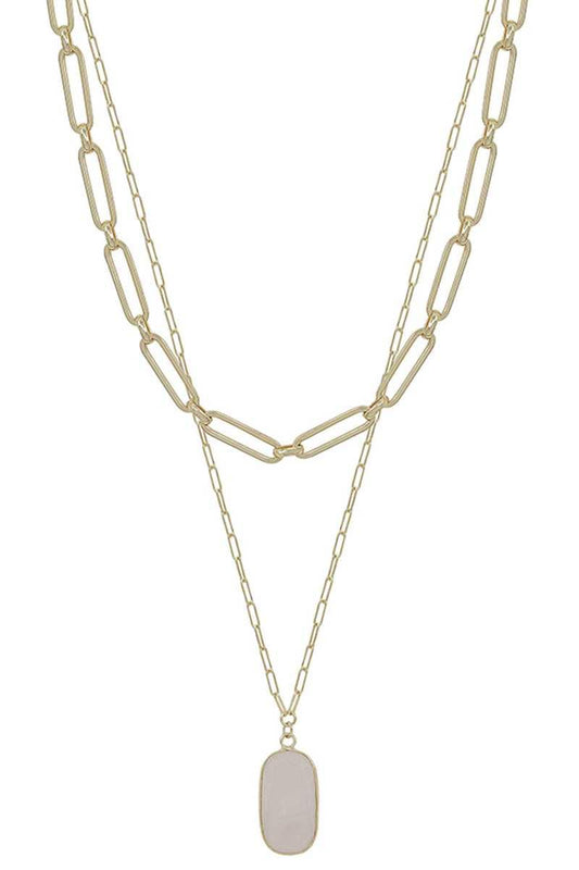 2 Layered Metal Chain Stone Pendant Necklace