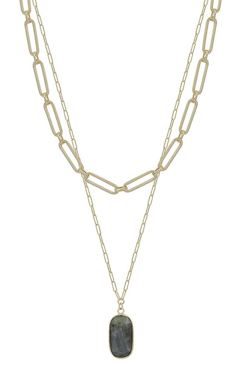 2 Layered Metal Chain Stone Pendant Necklace | Mixtshop LLC