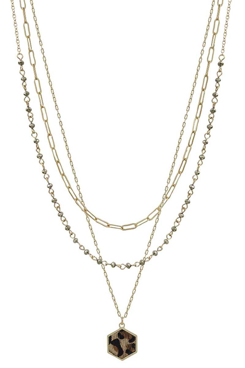 3 Layered Metal Crystal Bead Chain Hexagon Leopard Pendant Necklace | Mixtshop LLC Main image