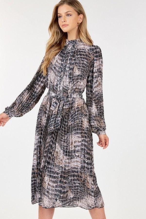 Long Sleeve Pleated Snake Skin Print Midi Dress | Mixtshop LLC Main image