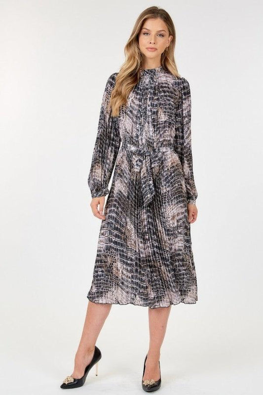 Long Sleeve Pleated Snake Skin Print Midi Dress | Mixtshop LLC