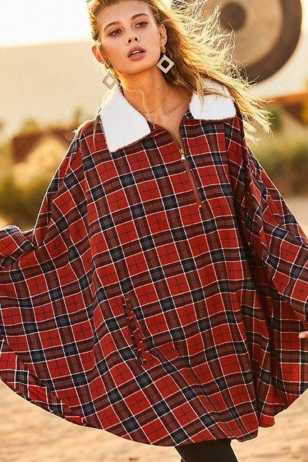 Mock Neck With Zipper Contrast Inside Front Pocket Plaid Poncho | Mixtshop LLC Main image