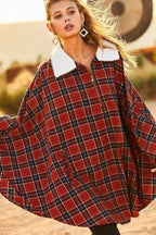 Mock Neck With Zipper Contrast Inside Front Pocket Plaid Poncho | Mixtshop LLC